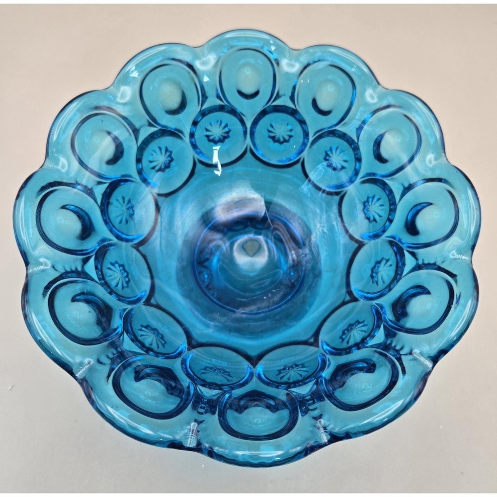 Vintage Bowl Turquoise/Blue L.E. Smith Scalloped Pedestal 'Moon & Stars' (#21) - Picture 3 of 9